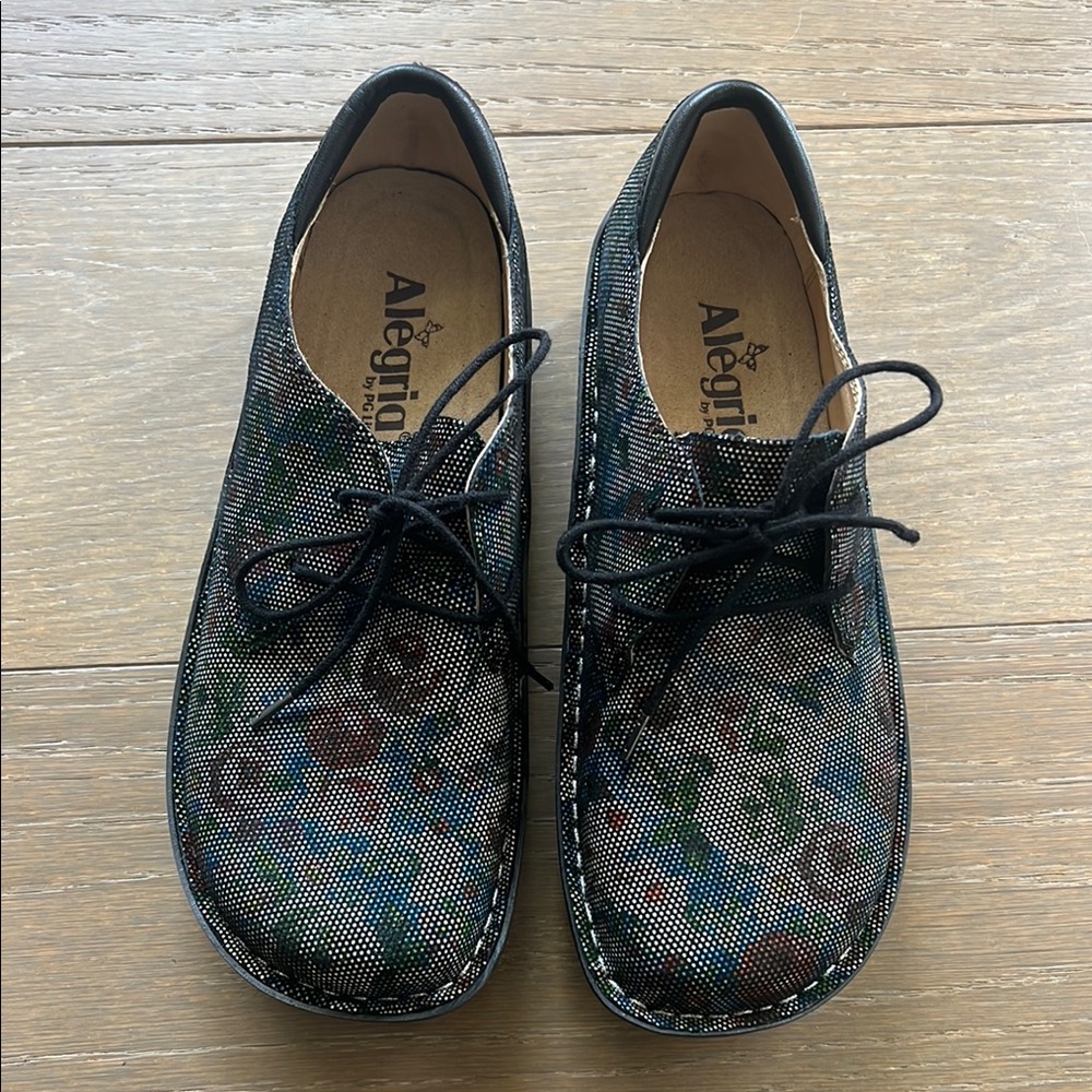 NWT Alegria Bree Multi Dot Floral Black Flats Leather Loafers Clog